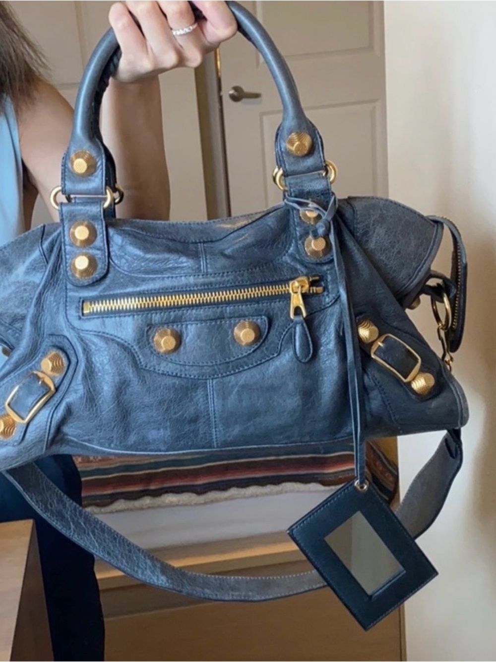 Balenciaga Leather Shoulder Bag with Gold-Tone Studs - Picture 2 of 15